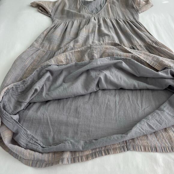 Pink Chicken Tiered V-Neck Neutral Metallic Striped Mini Dress, Size Small - Picture 3 of 11